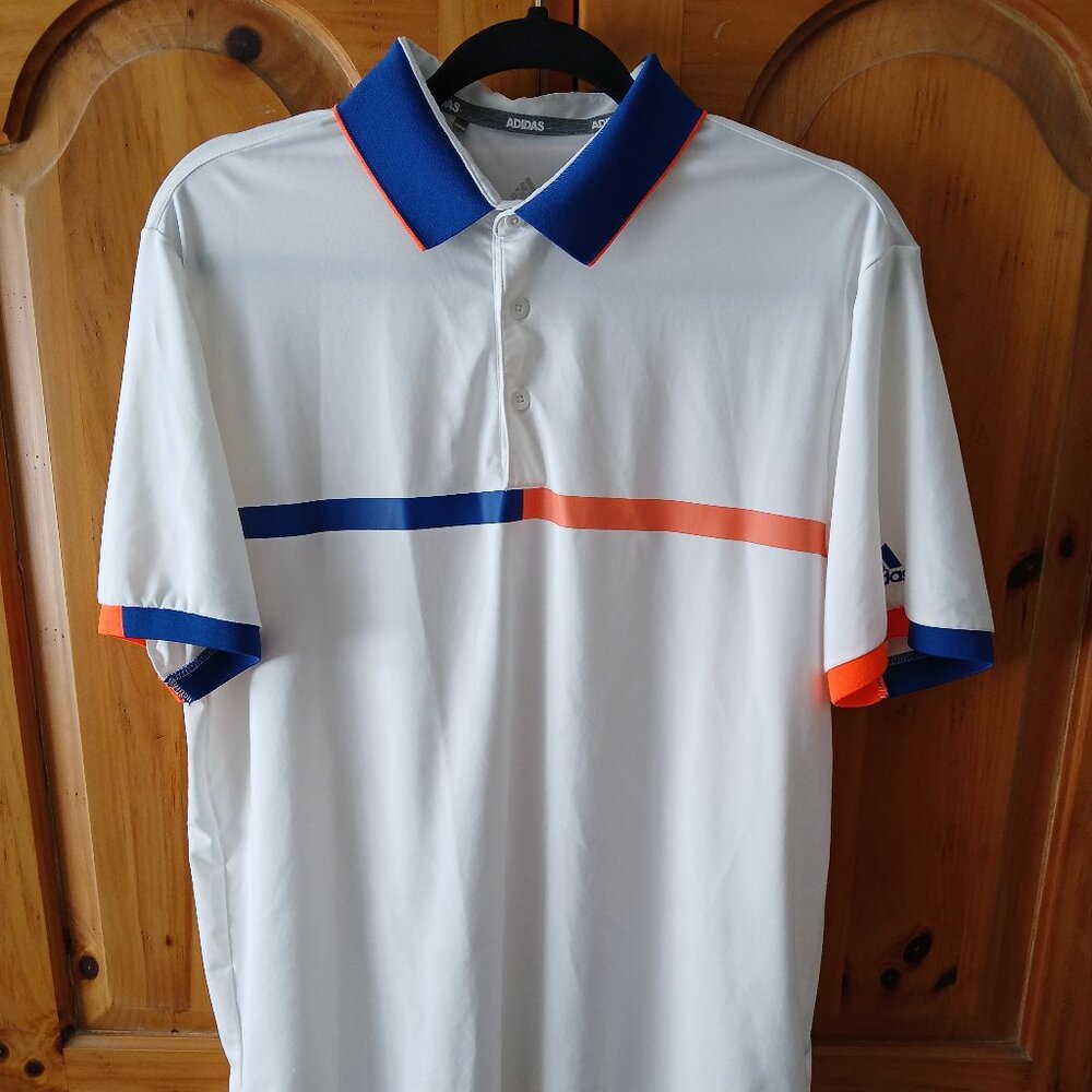 Adidas Men Golf Polo, Medium, White/Blue/Orange, Stretch, Performance, EUC